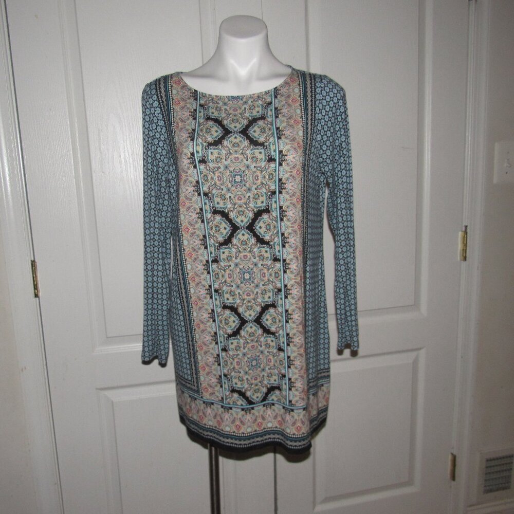 J.Jill Mixed-Print Medallion Knit Tunic/Dress Blue Boho Sz M - Picture 2 of 7